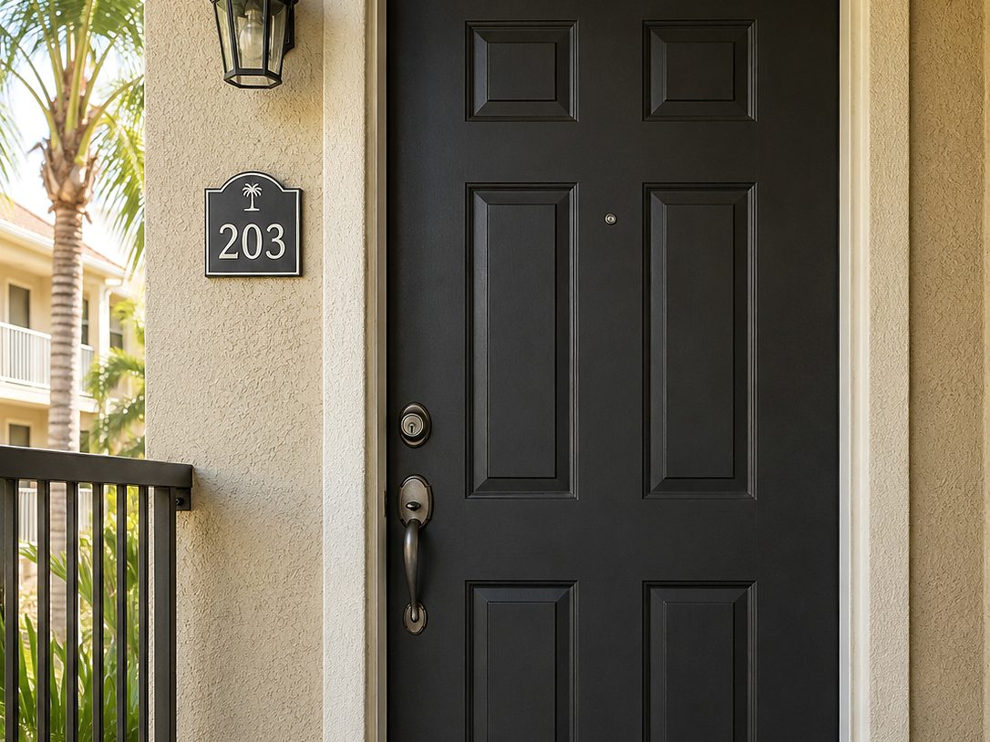 Apartment front door with a traditional keyed deadbolt and unit number