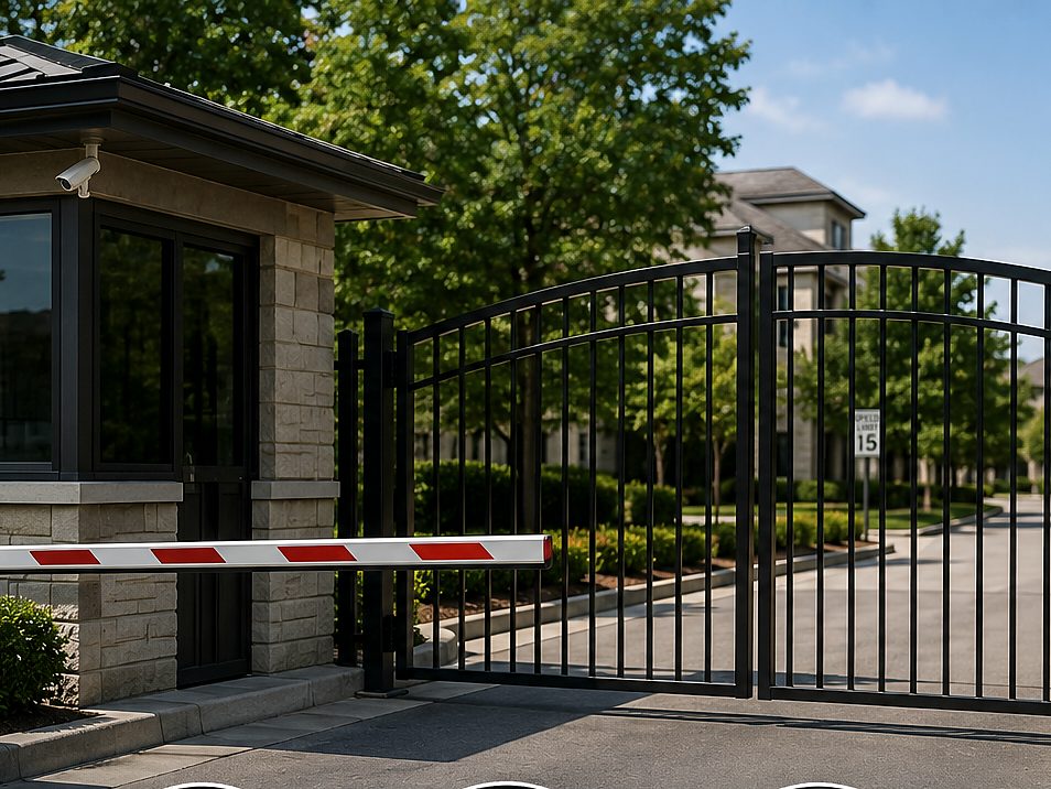Guard house entrance with a barrier arm, security gate, and license plate camera