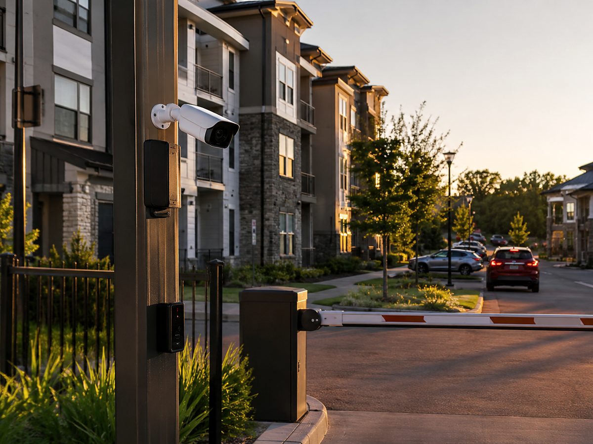 Parking barrier arm at an apartment community entrance at sunset