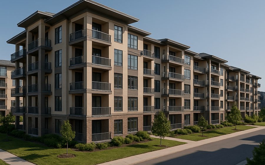 Four-story multifamily apartment building with balconies