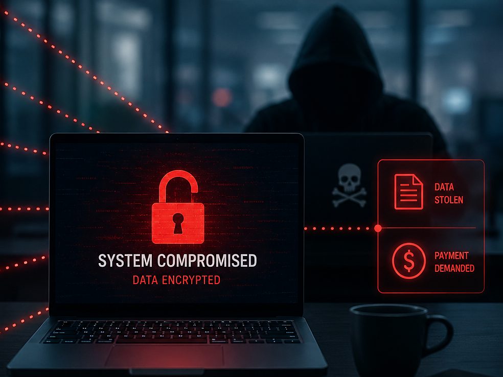 Laptop screen showing a system compromised warning with data stolen and payment demanded alerts