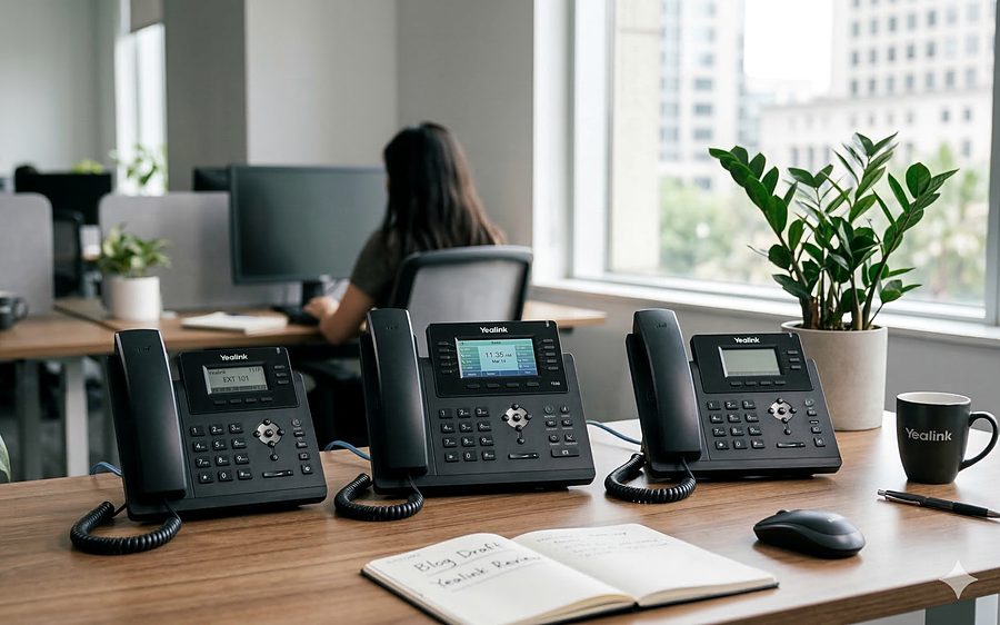 Three Yealink desk phones on an office desk with a plant and notebook
